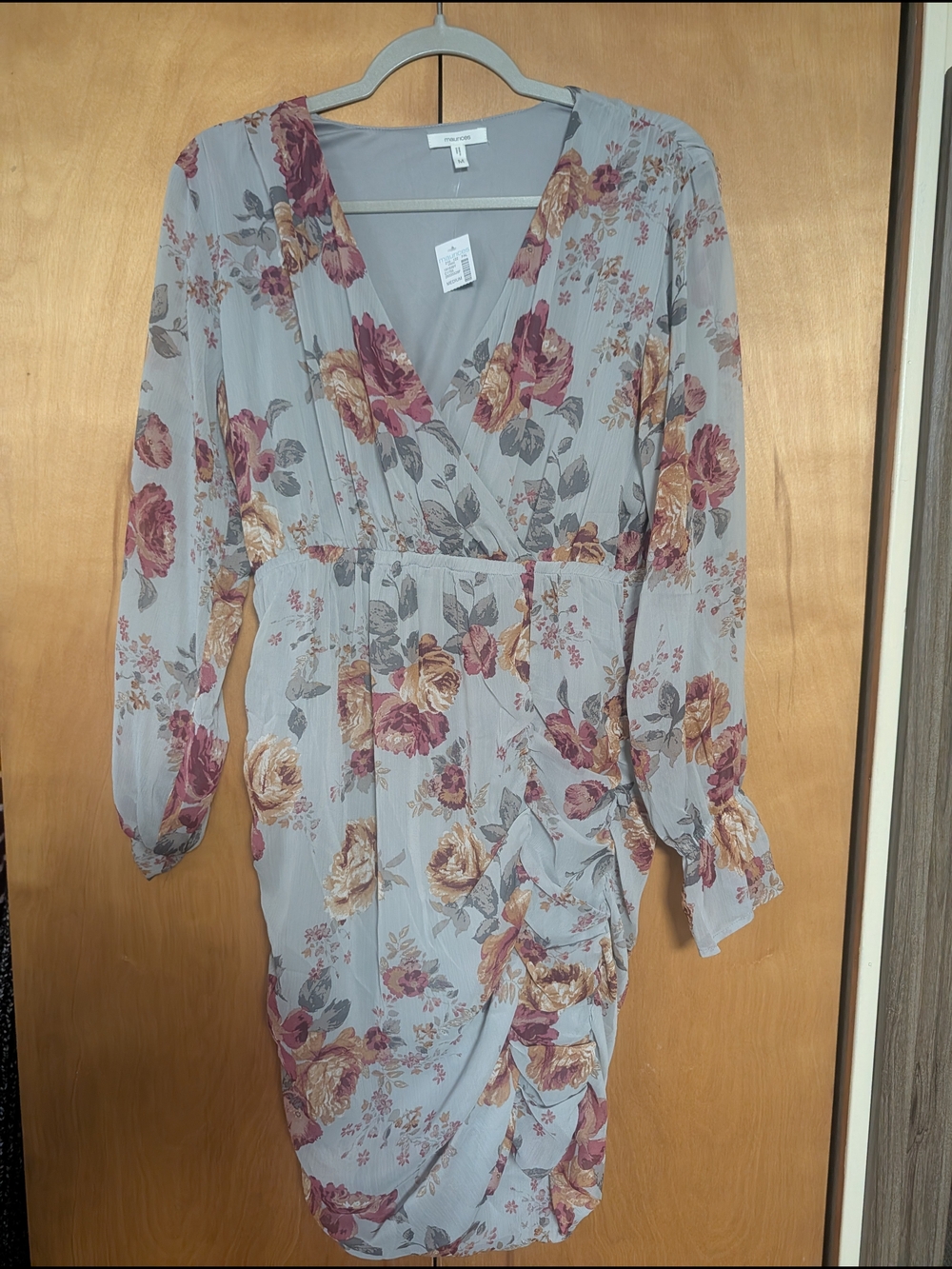 Maurice New Light GrayFloral Wrap Tunic with Mauve & Mustard Roses